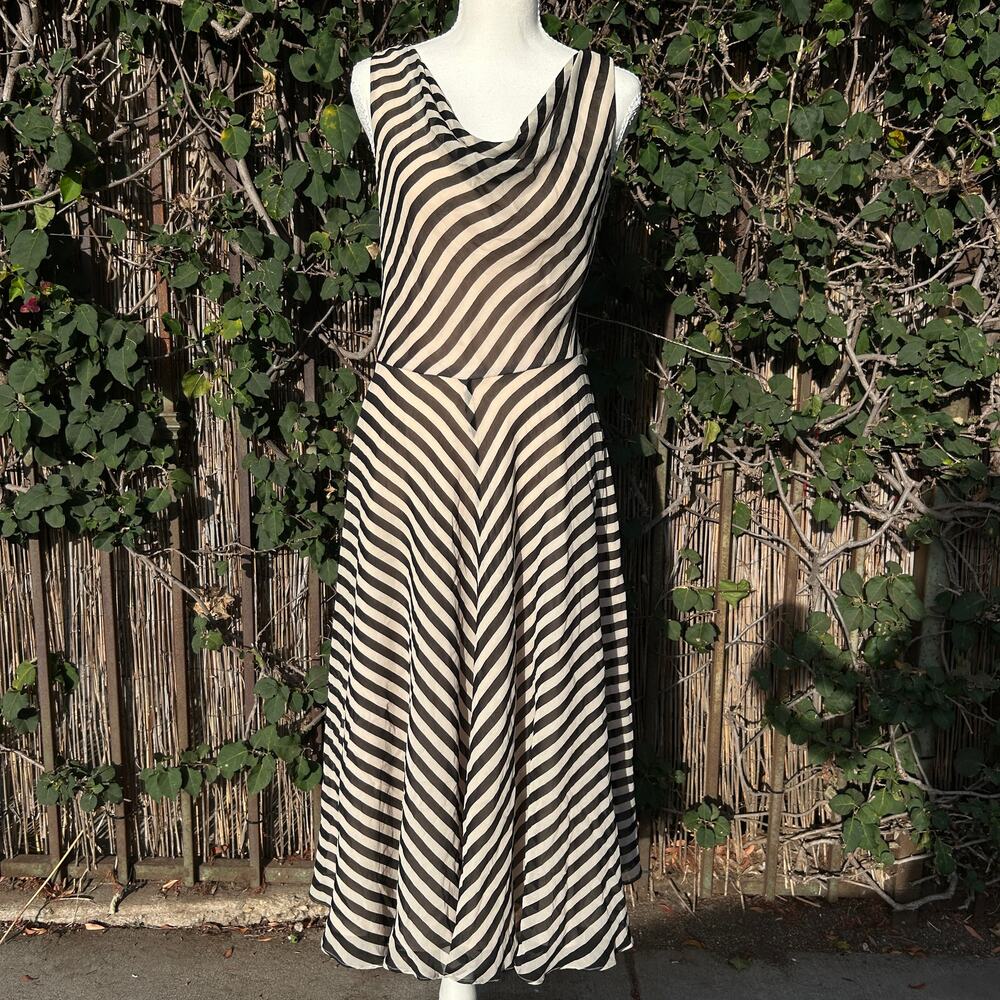 VTG Sleeveless Cowl Neck Chevron Stripe JPG Style Midi Dress S Black Tan